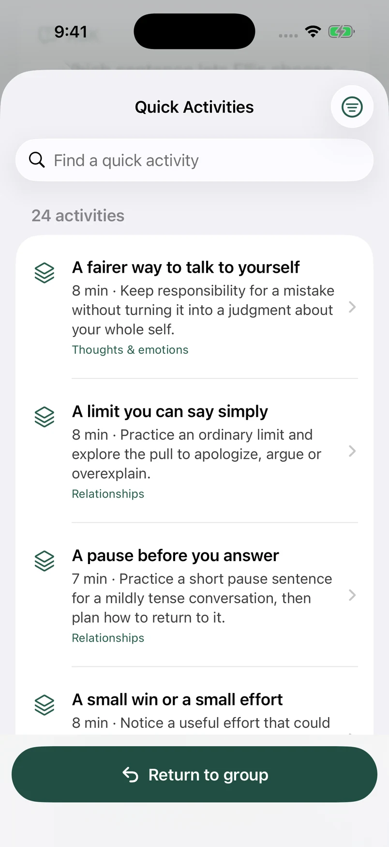 Quick Activities library showing eight-minute and seven-minute activities about self-talk, limits, and pausing.