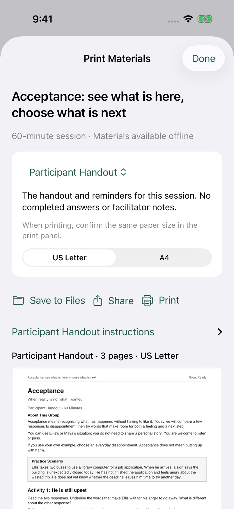 Current Print Materials sheet for Acceptance, 60 minutes, with Participant Handout preview, Letter and A4 choices, Save to Files, Share, Print, and Done.
