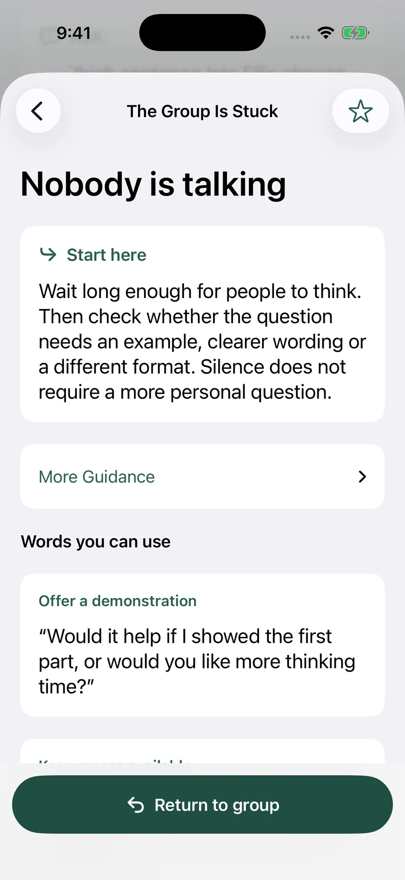 Group Is Stuck: Nobody is talking, with a first step and words for offering a demonstration.