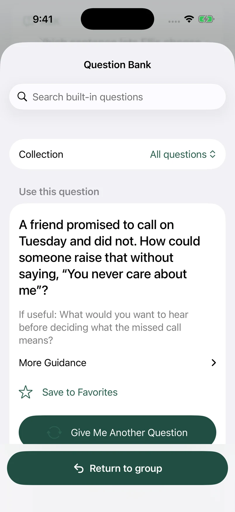 Question Bank showing a fictional missed-call scenario, follow-up question, and More Guidance.